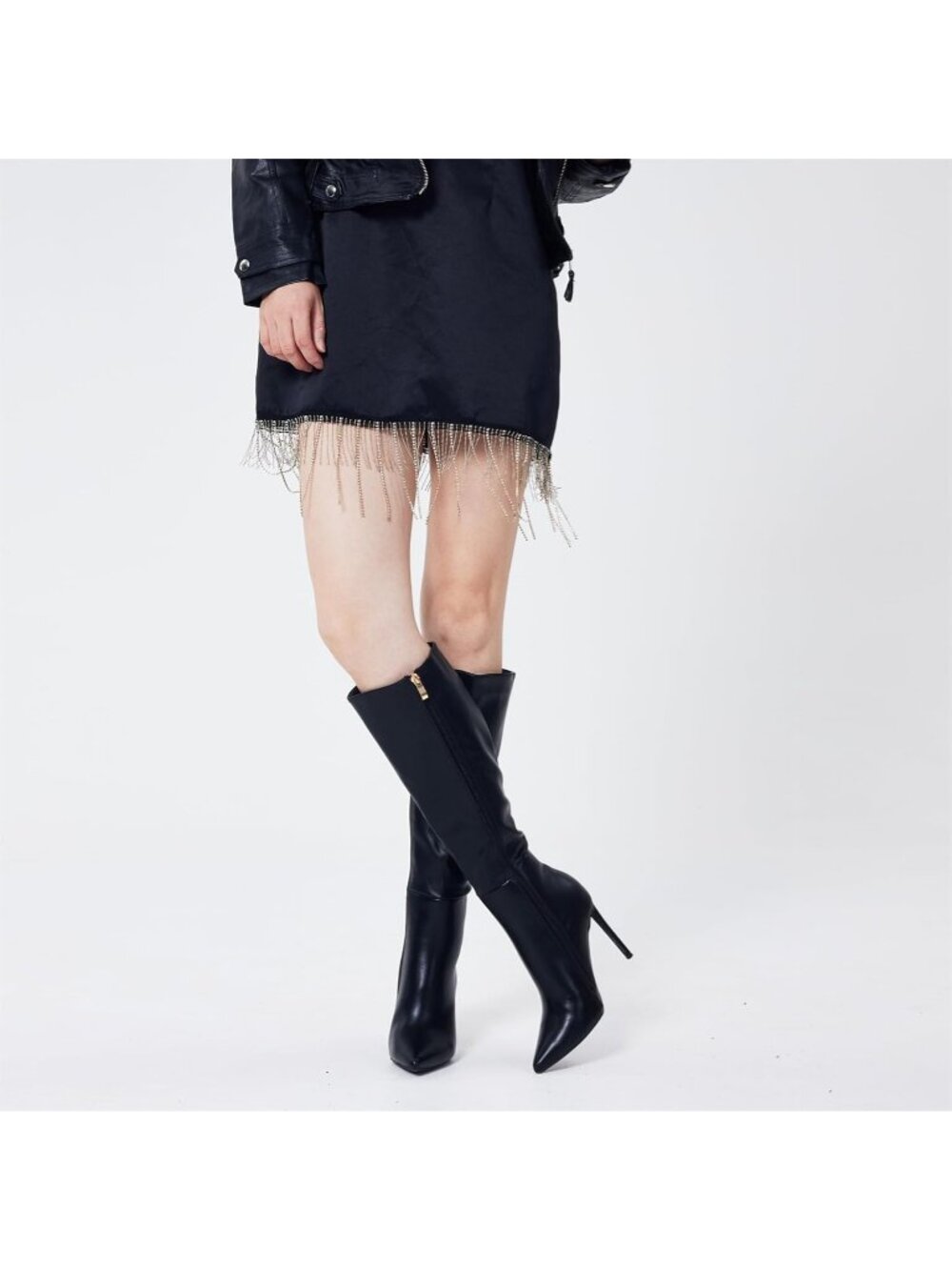 Women's Black Synthetic Rubber Stretch Suede Long Pointed Toe Over the Knee Boot - Picture 2 of 6